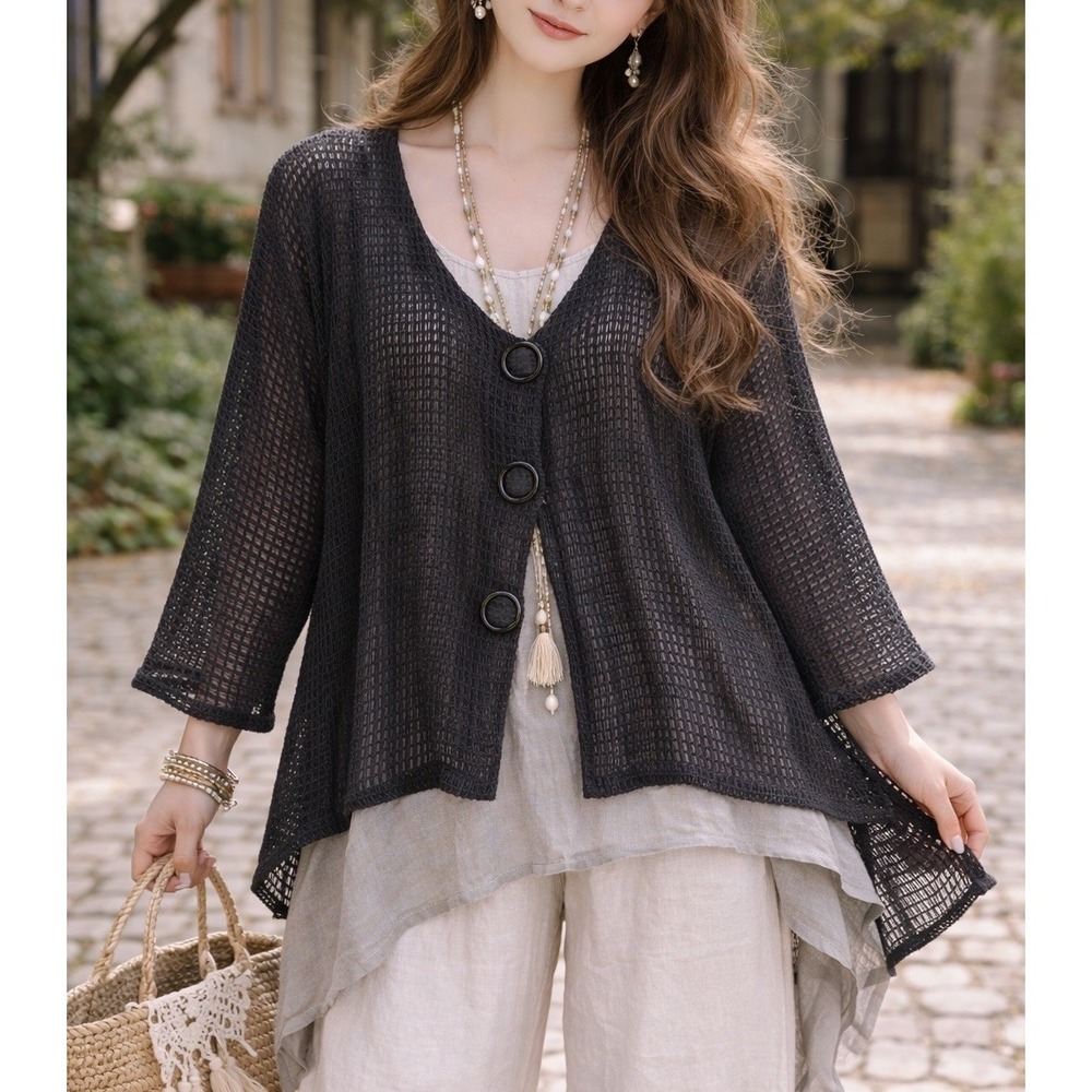Vintage Keren Hart L Large Sheer Mesh Open Knit Cardigan Artsy‎ Lagenlook Unique